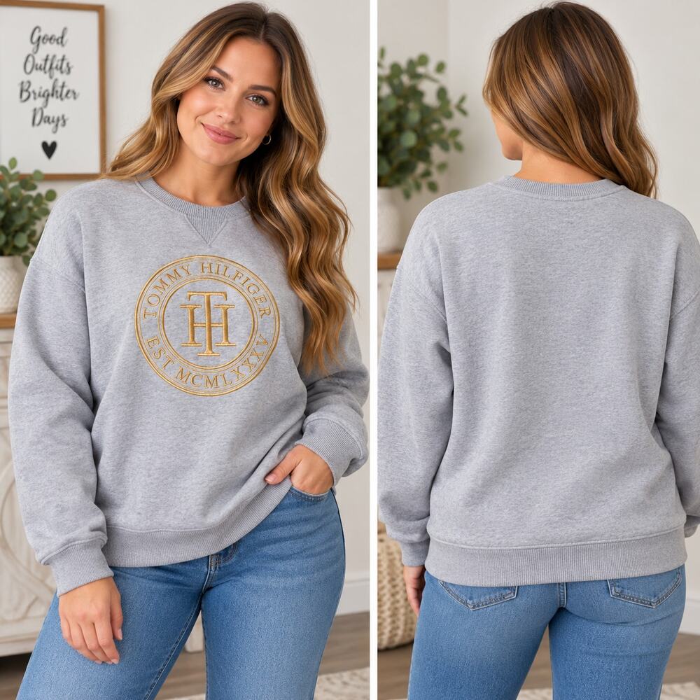 Tommy Hilfiger Womens M Gray Embroidered Crest Logo Crewneck Sweatshirt Preppy